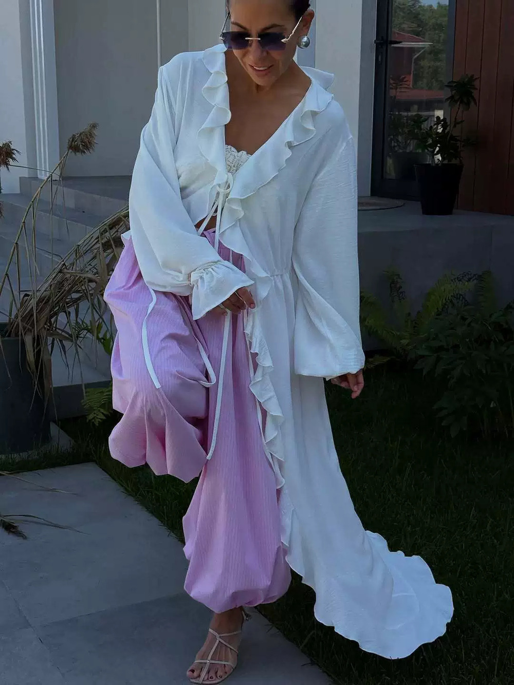 Zara Fall Cozy Ruffle Tie Front Long Sleeve Loose Cardigan Robe